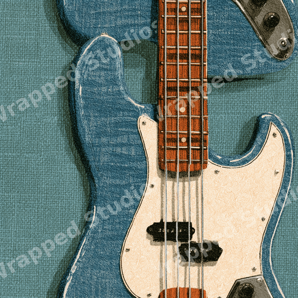 Vintage bass guitar pattern featuring retro blue electric guitars on a textured teal background.