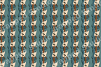 Seamless vintage electric bass guitar pattern with blue and cream instruments on a textured teal background.