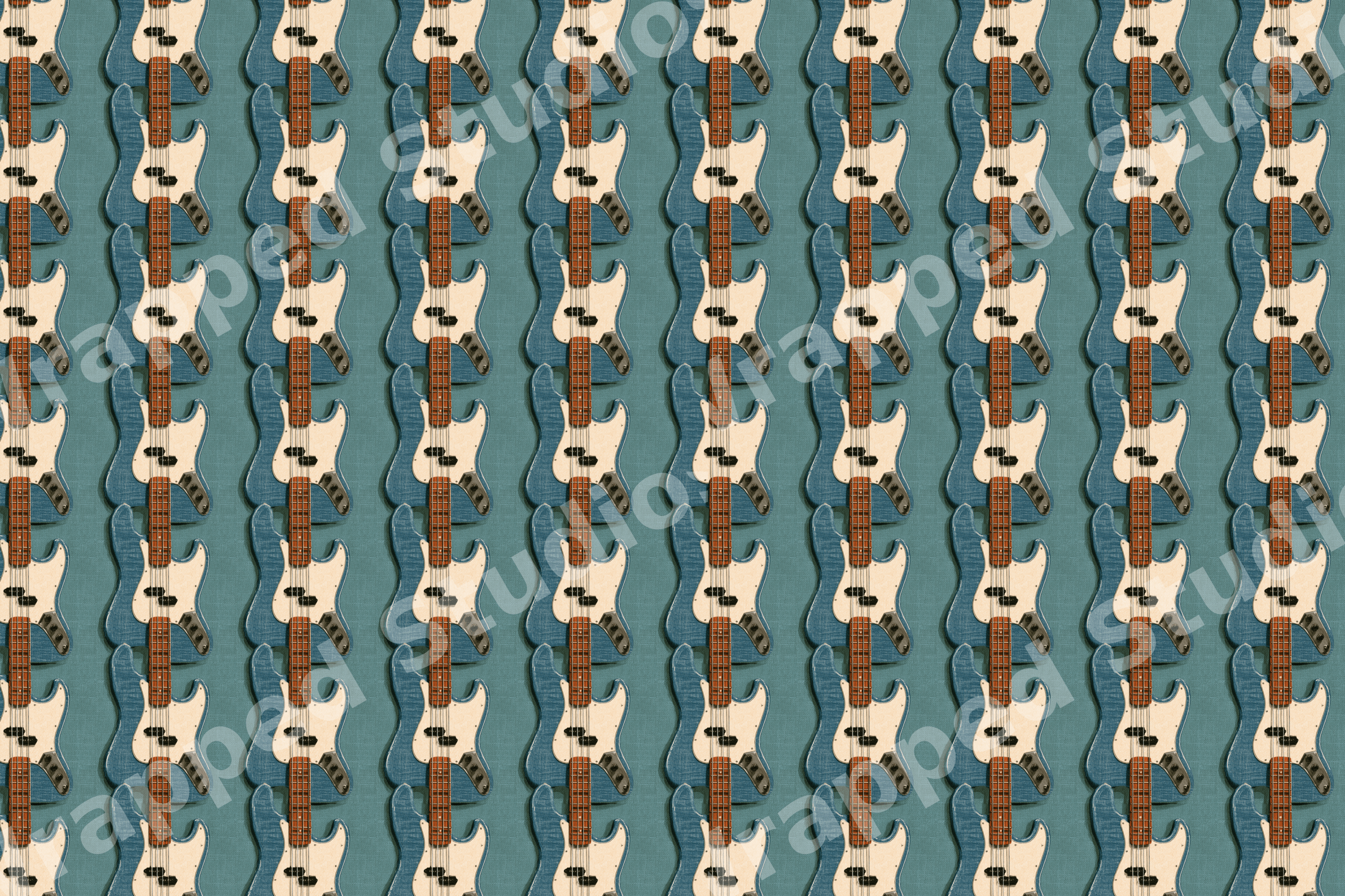 Seamless vintage electric bass guitar pattern with blue and cream instruments on a textured teal background.