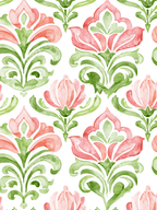Elegant watercolor floral pattern featuring pink and green vintage botanical damask motifs.