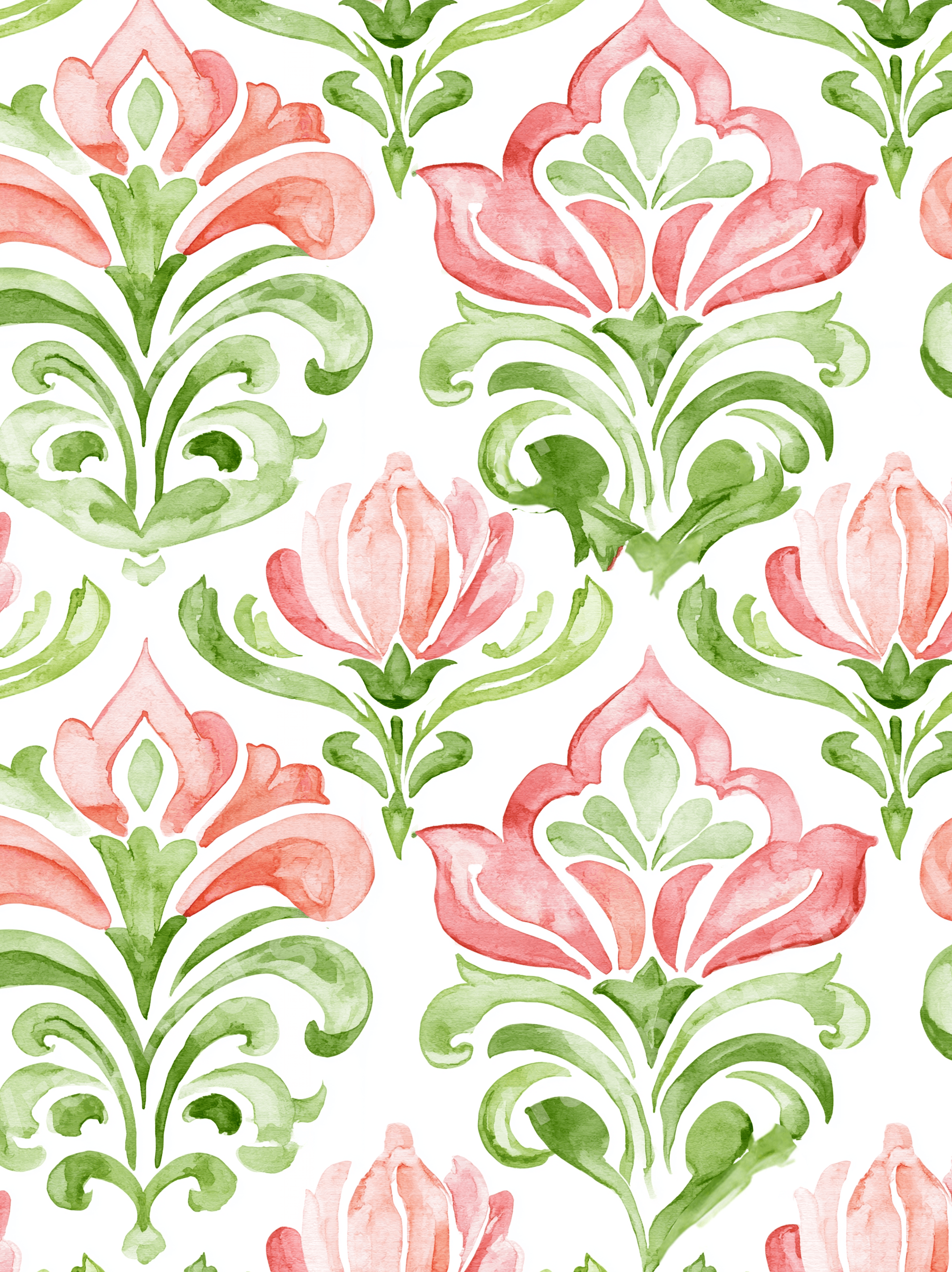 Elegant watercolor floral pattern featuring pink and green vintage botanical damask motifs.