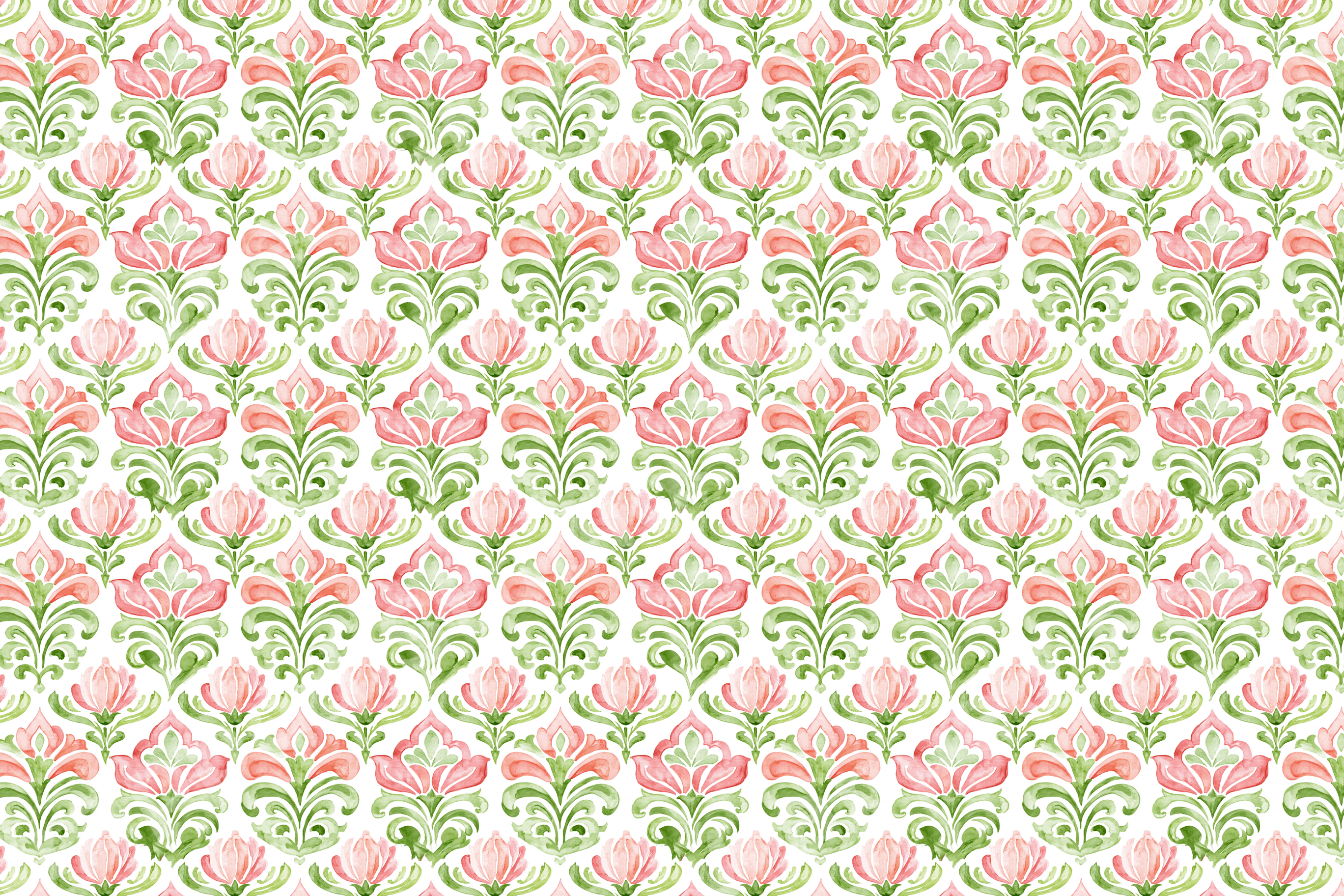 Elegant watercolor floral pattern with pink blossoms and green leaves in a vintage botanical design.