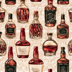 Vintage whiskey bottle seamless pattern featuring hand-drawn liquor decanters on a cream damask background.