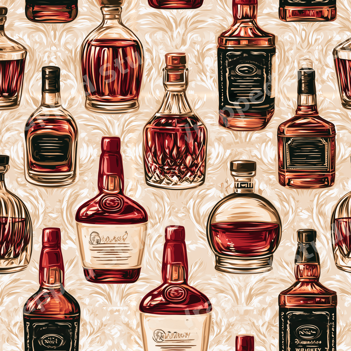 Vintage whiskey bottle seamless pattern featuring hand-drawn liquor decanters on a cream damask background.