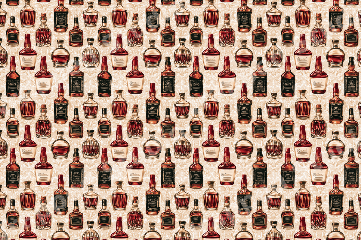 Vintage whiskey and bourbon bottle pattern featuring illustrated decanters on a cream background.