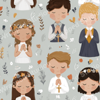 Sweet seamless pattern with children in prayer accented by dainty botanical elements and a muted sage background.