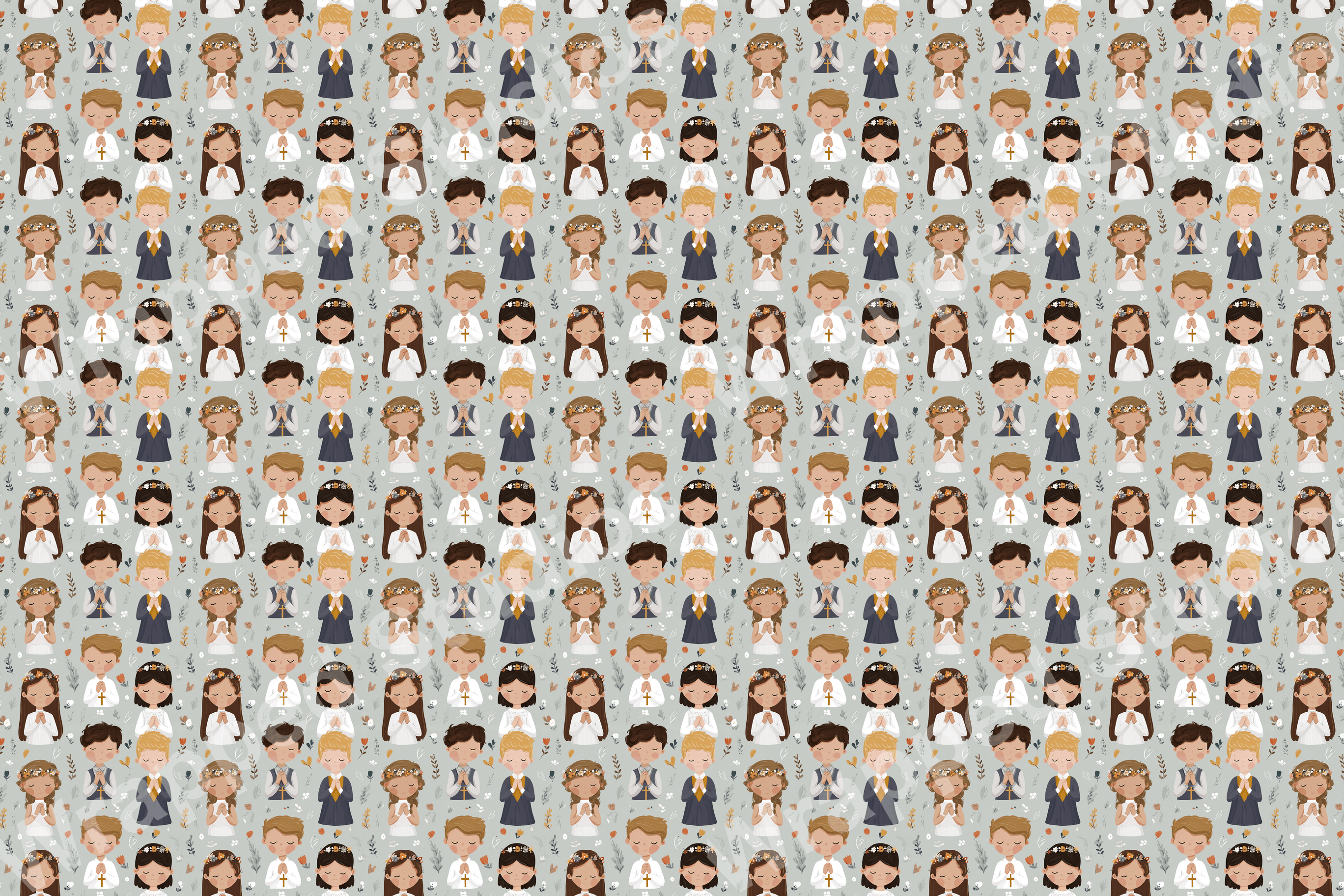 Childlike illustration pattern with boys and girls in prayer against a muted gray backdrop.