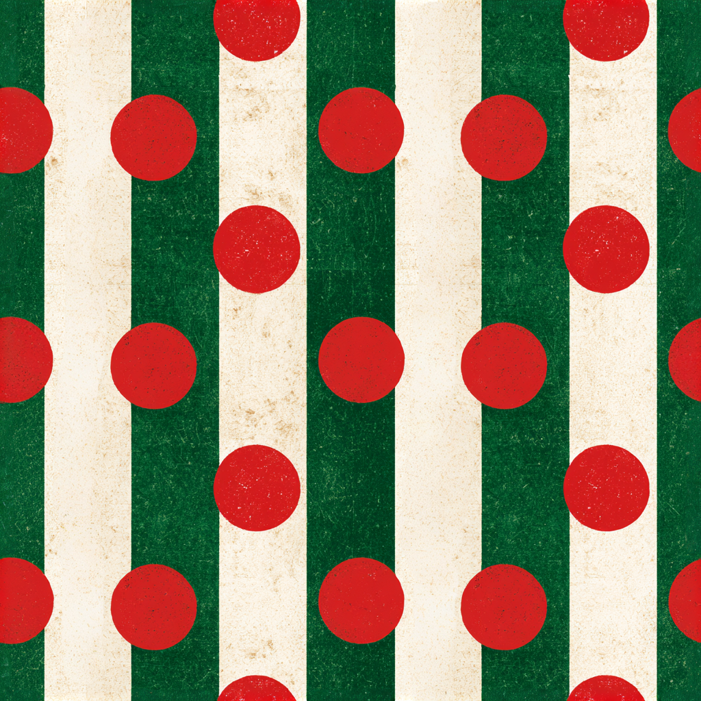 Vintage geometric pattern with red polka dots on green and cream textured stripes.
