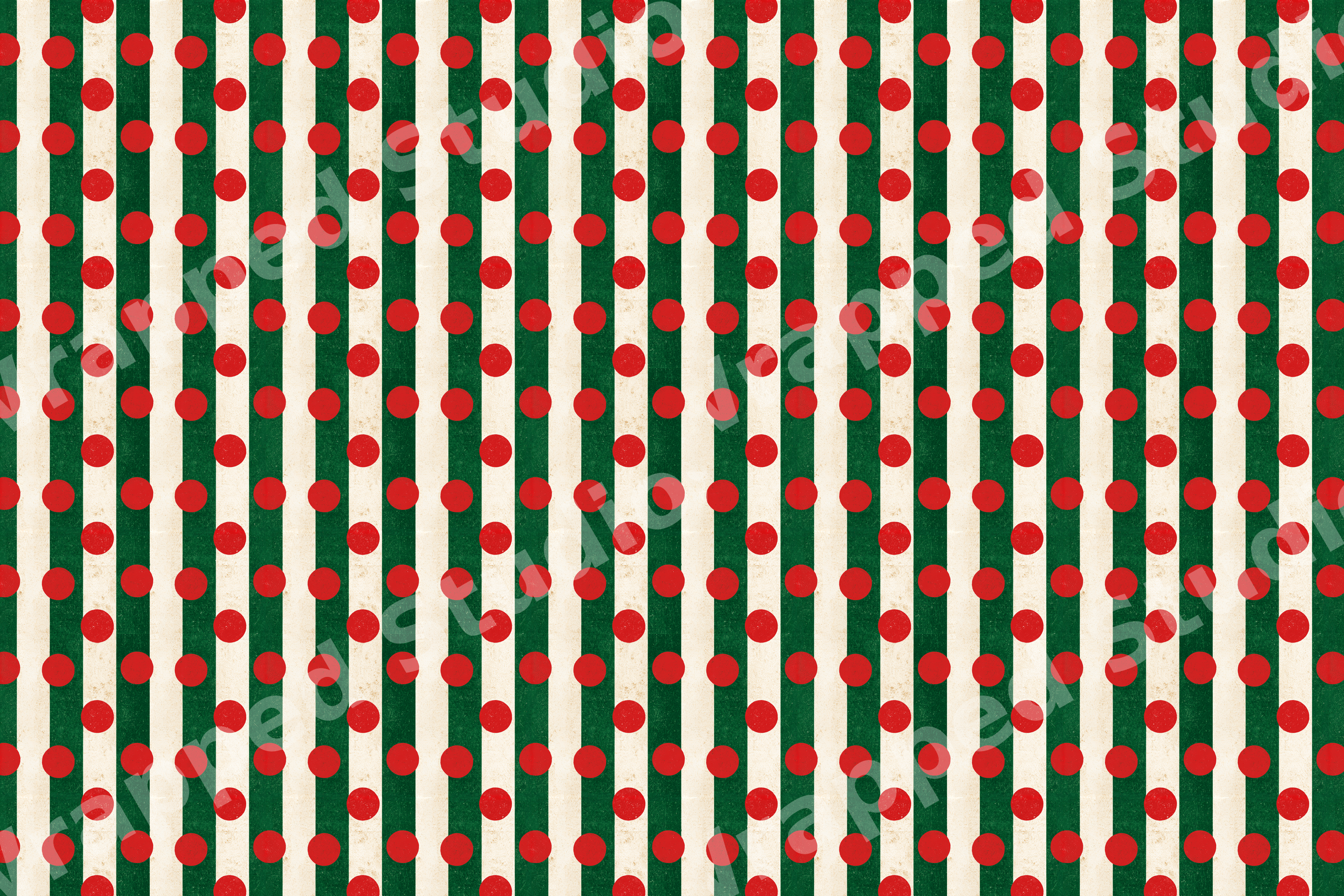 Vintage holiday pattern featuring red polka dots over green and cream vertical stripes.