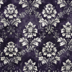 Vintage damask floral pattern with elegant white botanical motifs on a dark purple textured background.