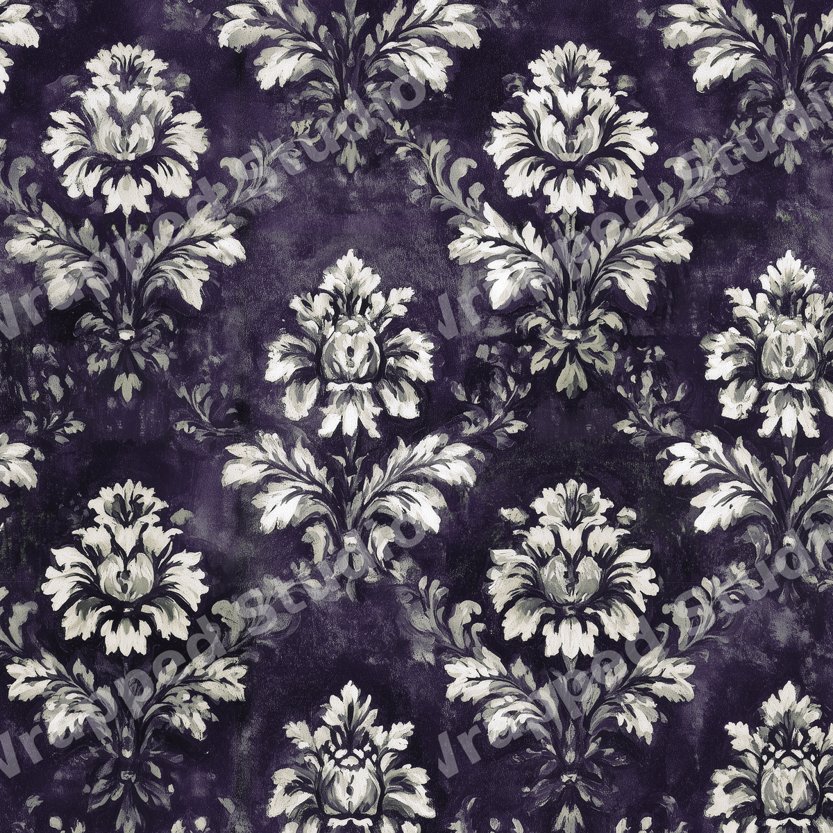 Vintage damask floral pattern with elegant white botanical motifs on a dark purple textured background.