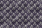 Vintage damask floral pattern with cream botanical motifs on a textured dark purple background.