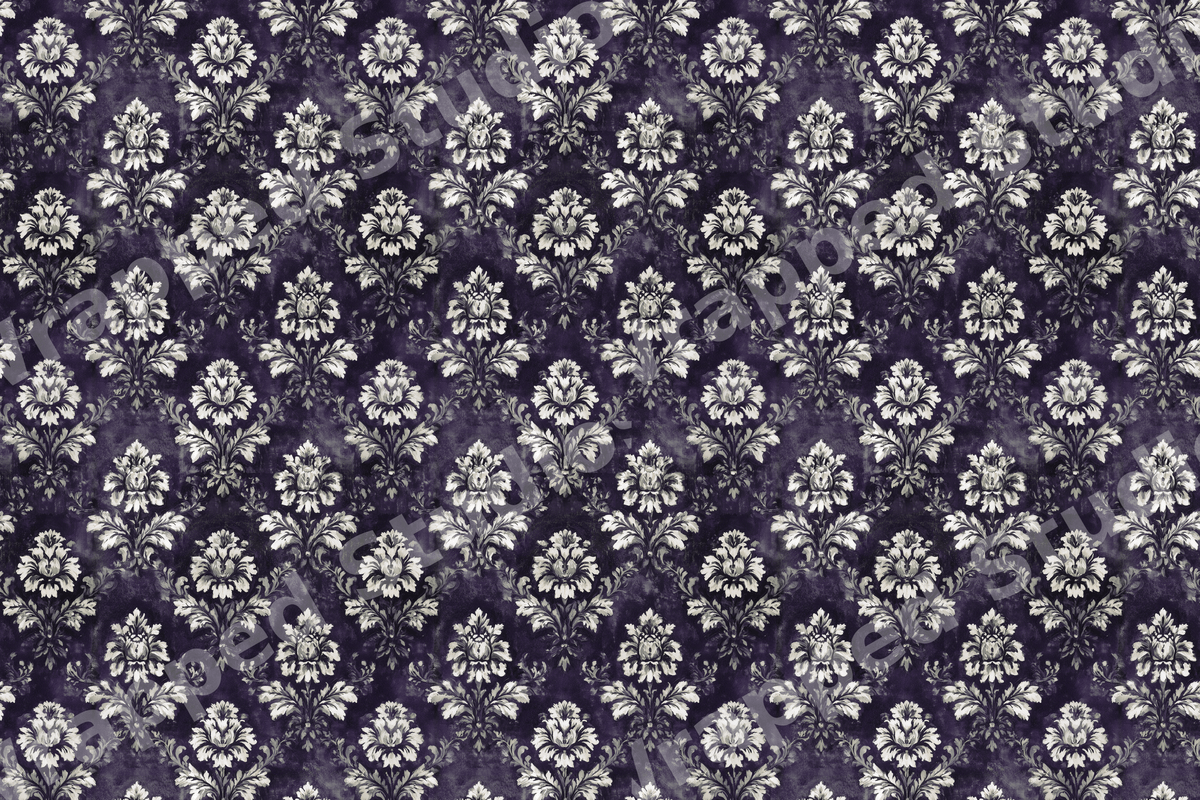 Vintage damask floral pattern with cream botanical motifs on a textured dark purple background.
