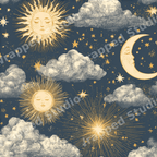 Vintage celestial pattern featuring gold sun, crescent moon, clouds, and stars on a navy blue background.