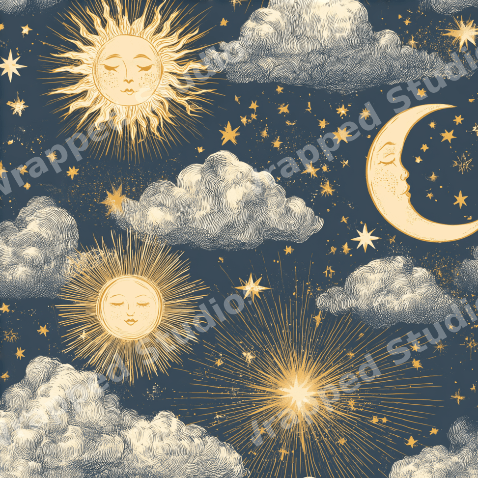 Vintage celestial pattern featuring gold sun, crescent moon, clouds, and stars on a navy blue background.