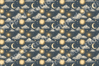 Vintage celestial pattern with gold suns, crescent moons, and fluffy clouds on a navy blue background.