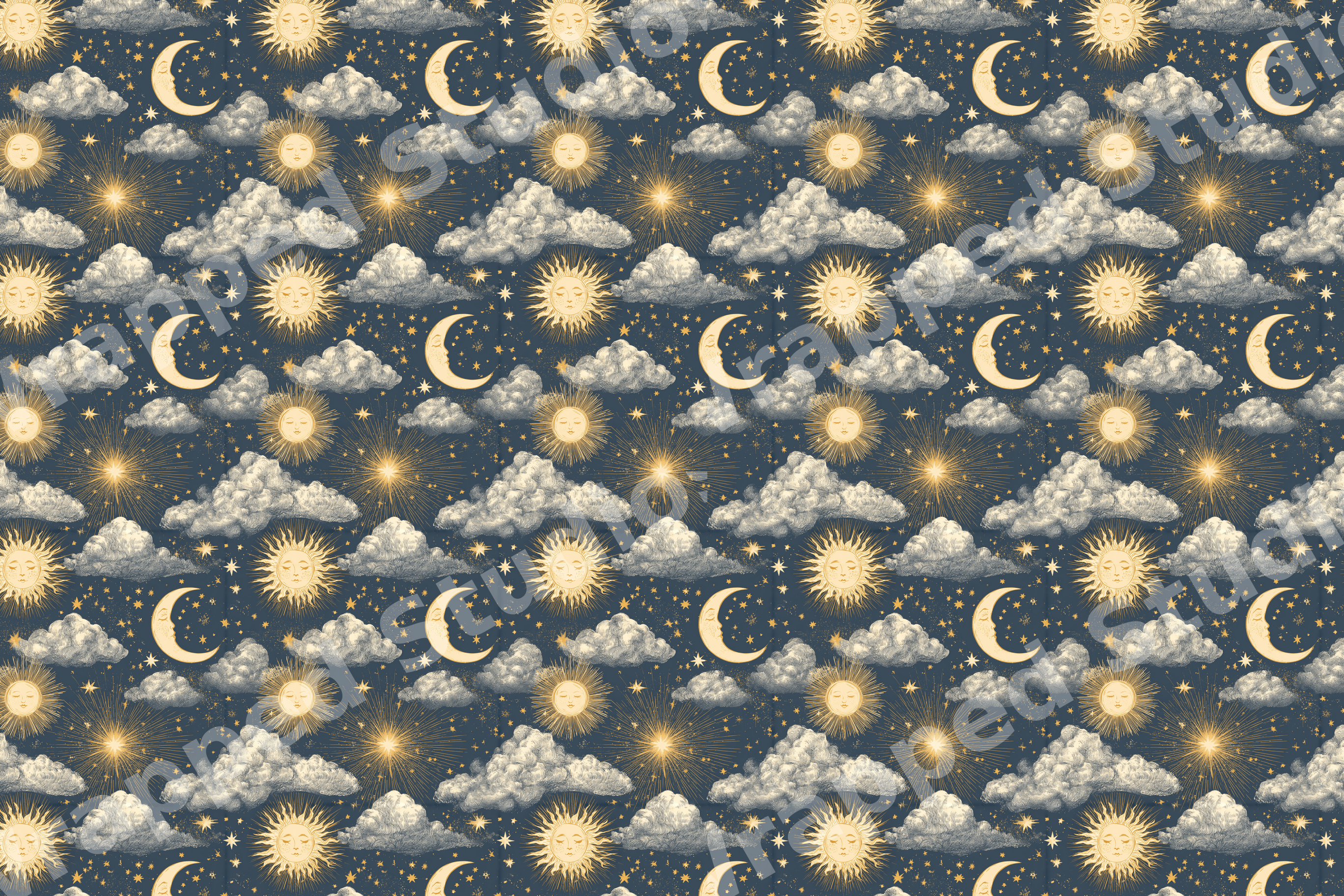 Vintage celestial pattern with gold suns, crescent moons, and fluffy clouds on a navy blue background.