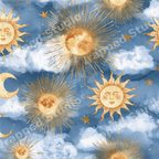 Boho celestial pattern with watercolor gold suns, crescent moons, and stars on a dreamy blue sky.