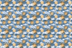 Vintage celestial pattern featuring golden suns, crescent moons, and stars on a blue watercolor cloud background.