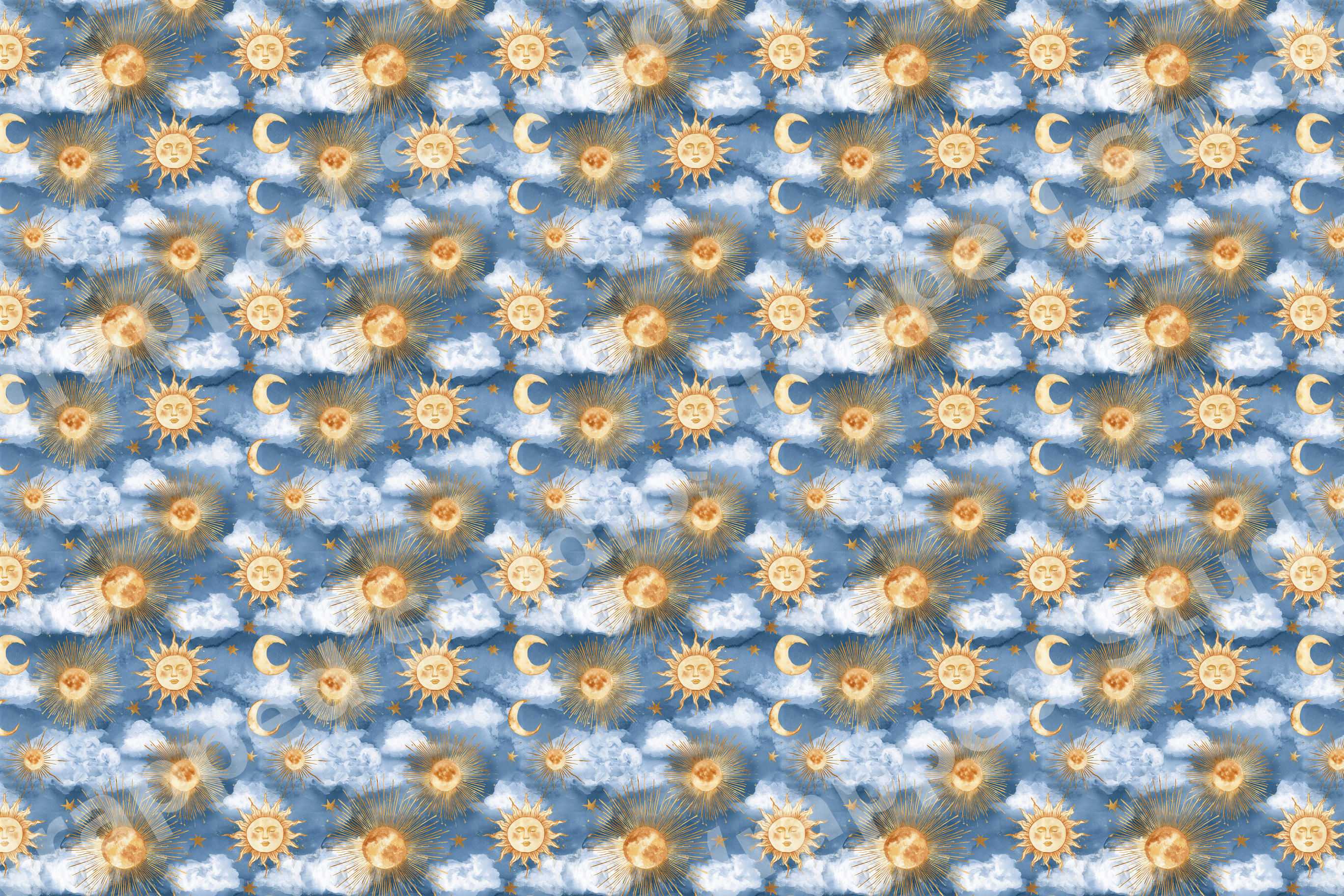 Vintage celestial pattern featuring golden suns, crescent moons, and stars on a blue watercolor cloud background.