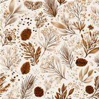 Vintage botanical pattern with pine cones, pine needles, and berries in rustic brown and cream.