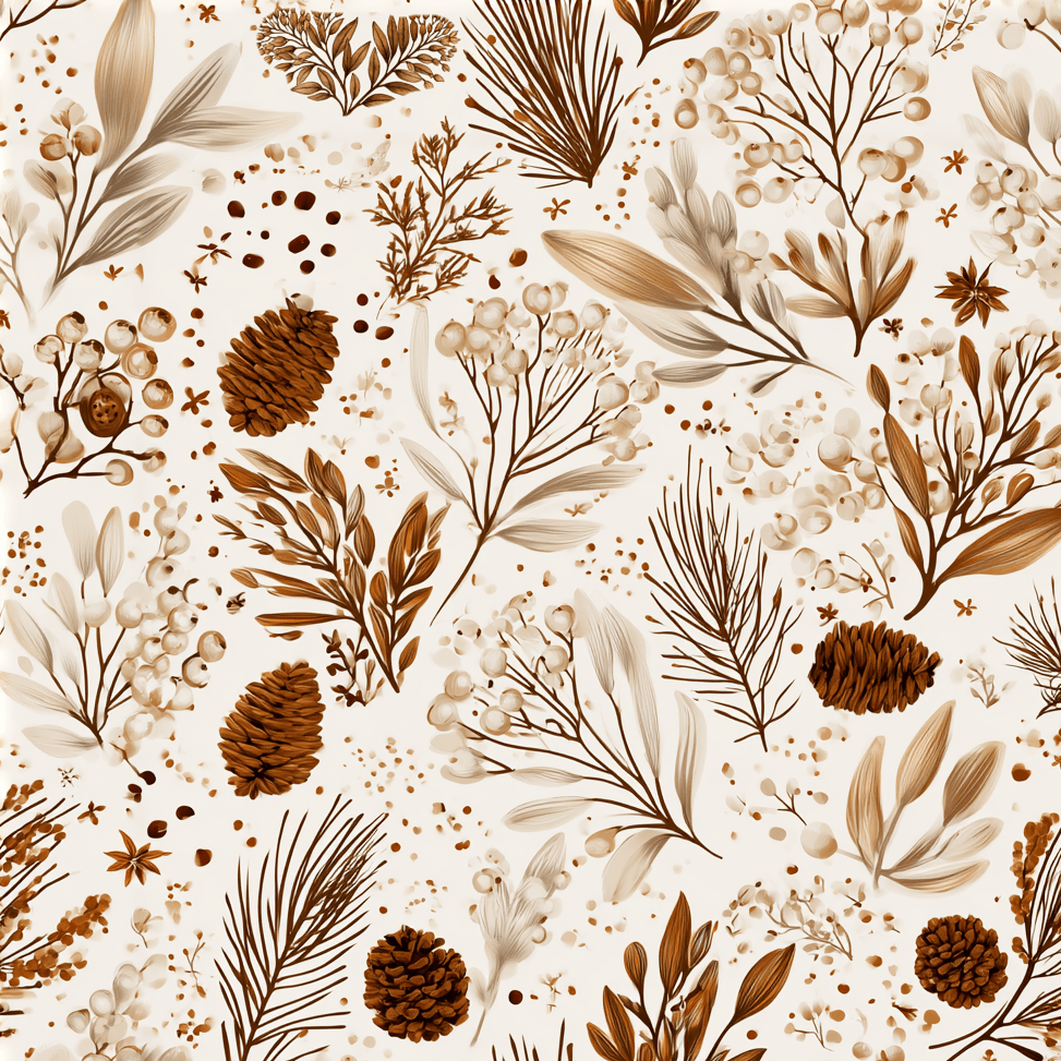 Vintage botanical pattern with pine cones, pine needles, and berries in rustic brown and cream.