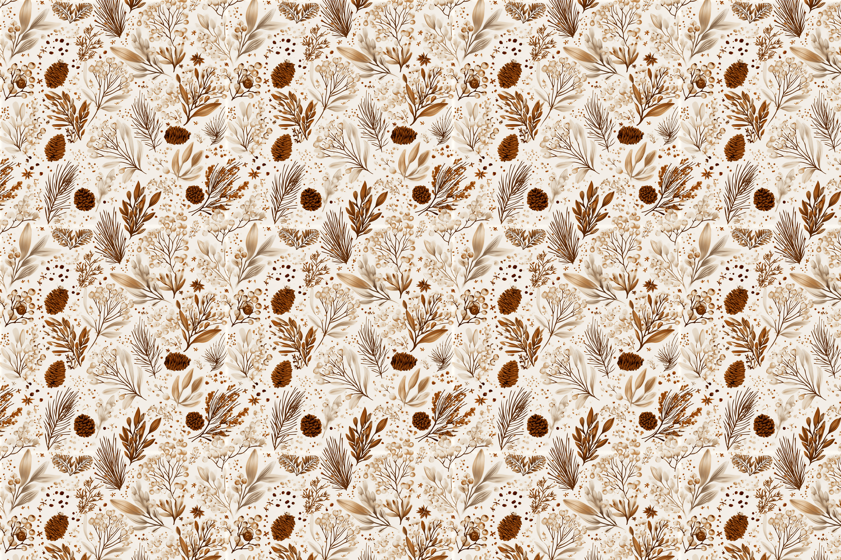 Rustic vintage botanical design with brown pine cones and winter foliage on a neutral cream background.