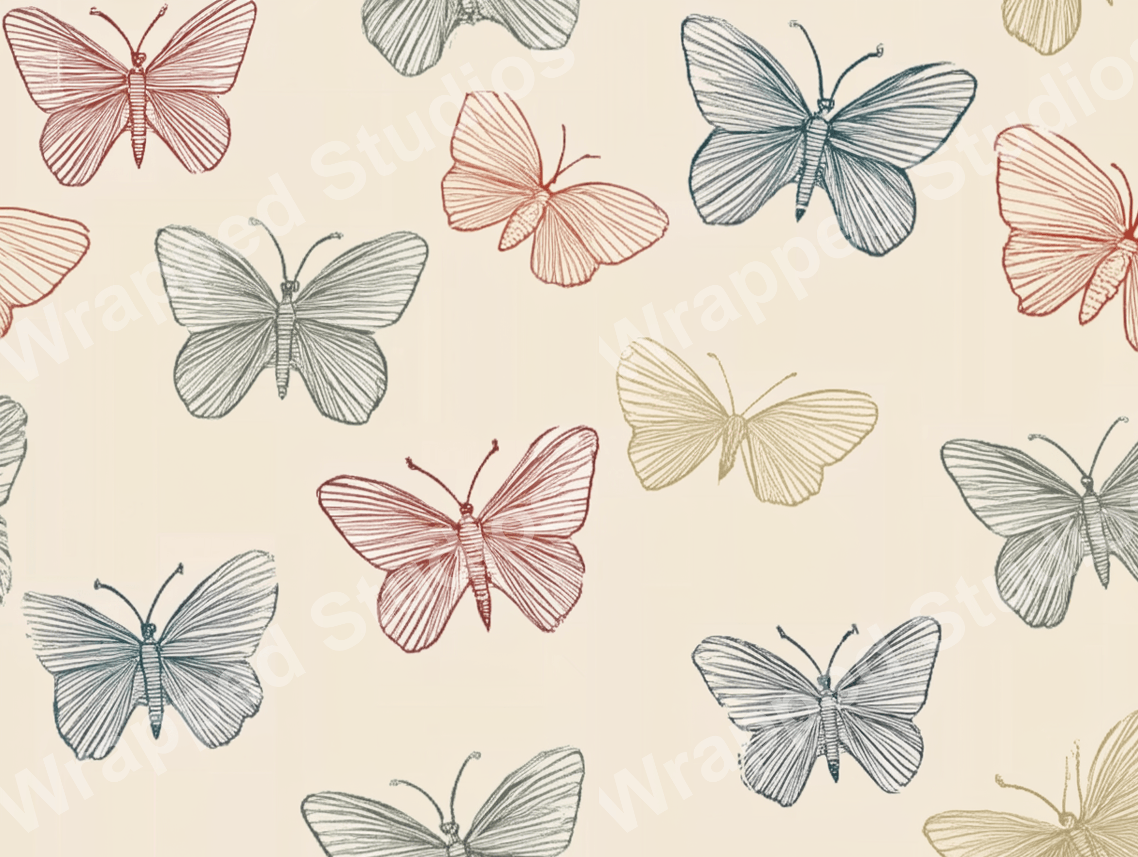 Seamless butterfly pattern with a vintage aesthetic in shades of red, blue, and gold on a light background.