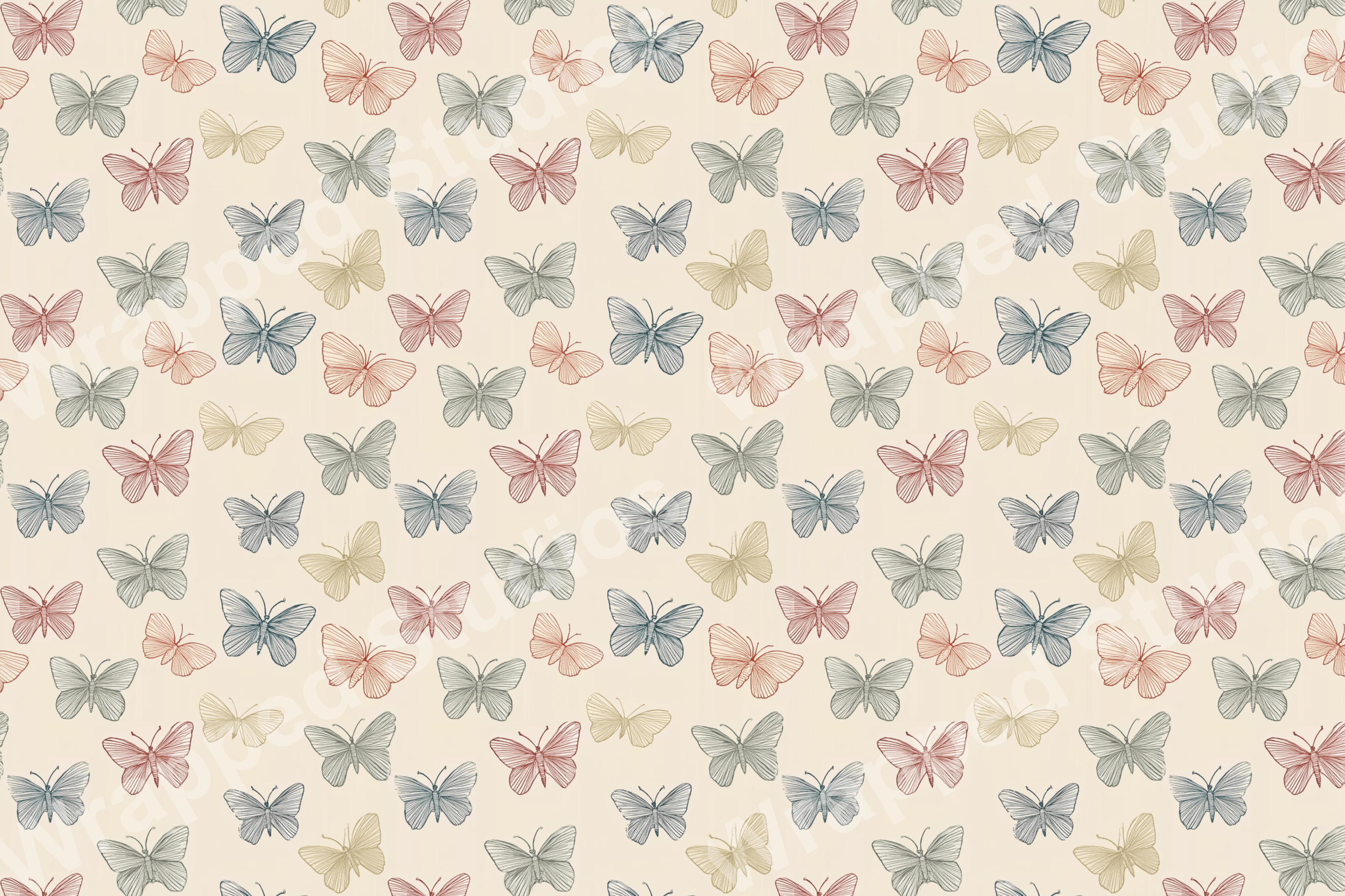 A vintage butterfly pattern with coral, blue, and cream line art on a light beige background.