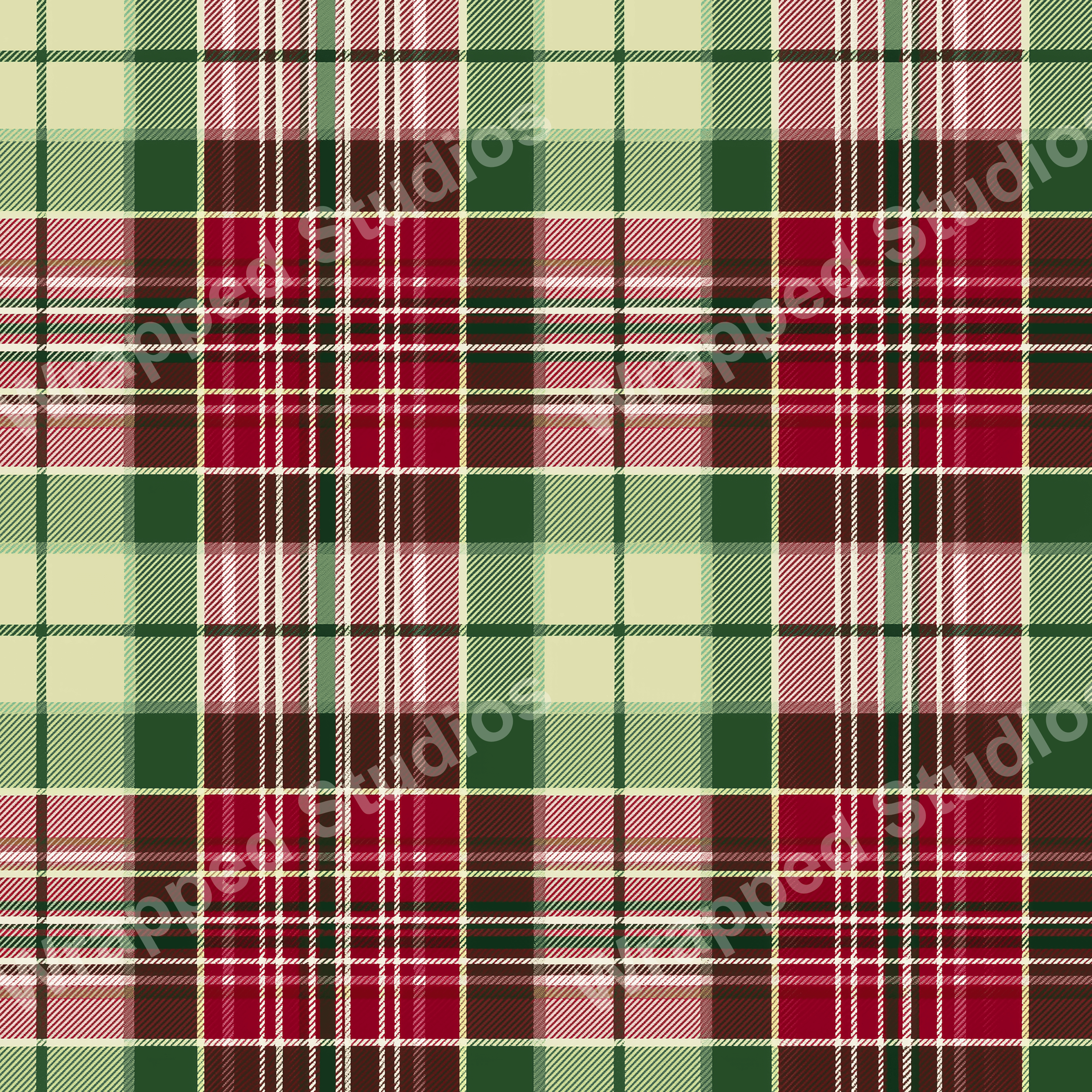 Classic tartan pattern design in red, green, and beige hues.