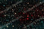 Whimsical star pattern with gold, red and turquoise cosmic elements on a dark backdrop.