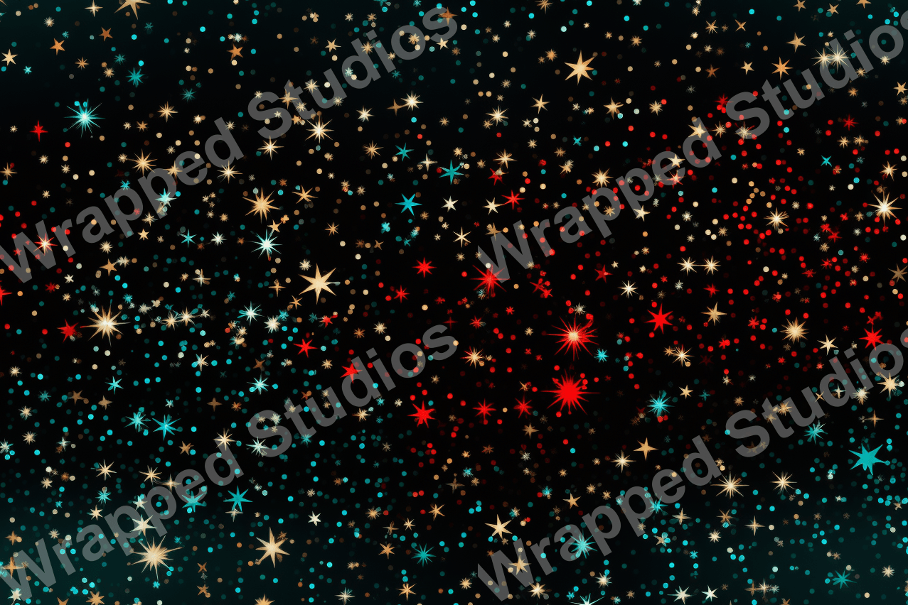 Whimsical star pattern with gold, red and turquoise cosmic elements on a dark backdrop.
