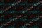 Festive star pattern with gold, turquoise, and red confetti dots on dark background.