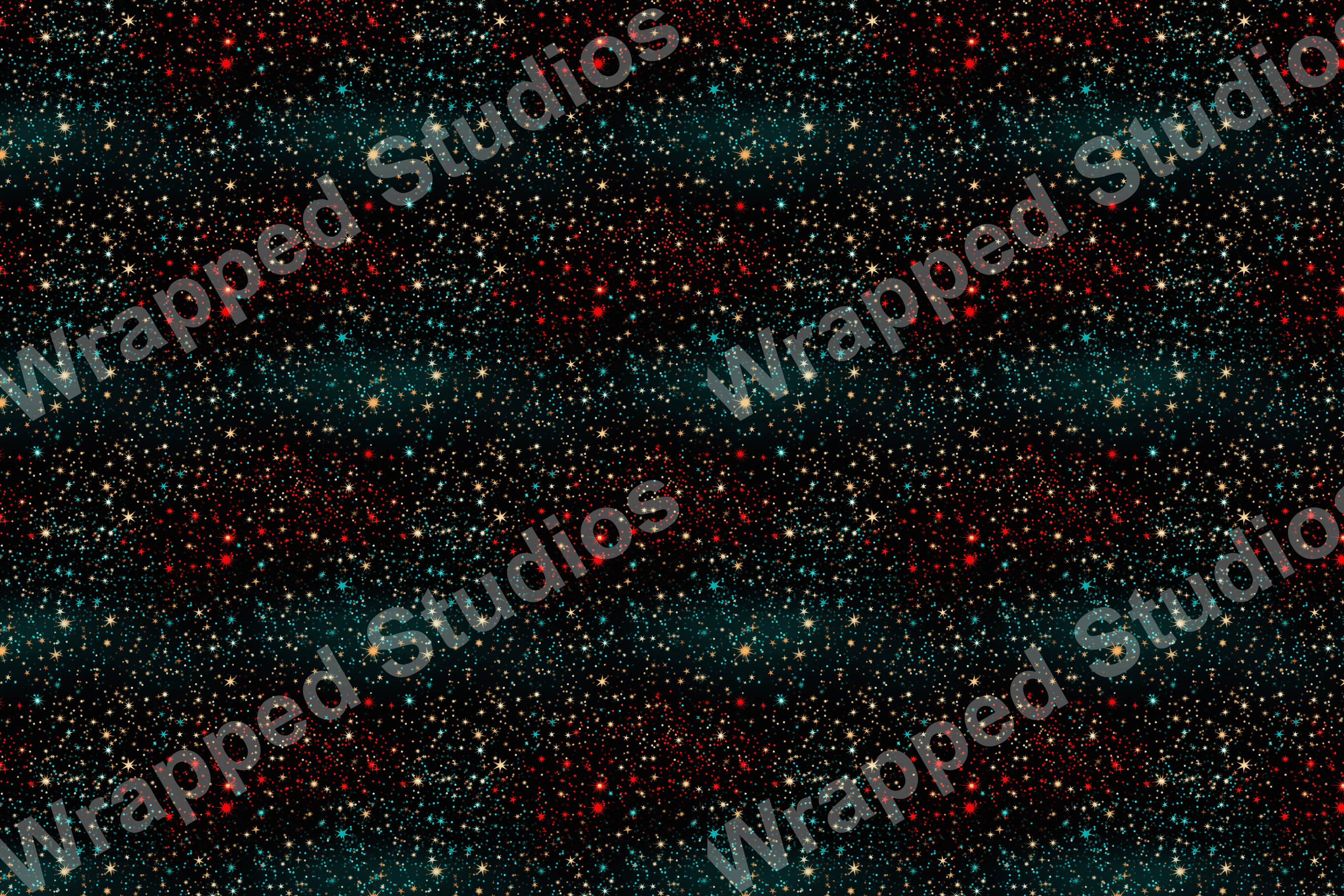 Festive star pattern with gold, turquoise, and red confetti dots on dark background.