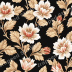 Elegant vintage botanical floral pattern with cream flowers and gold leaves on a black background.