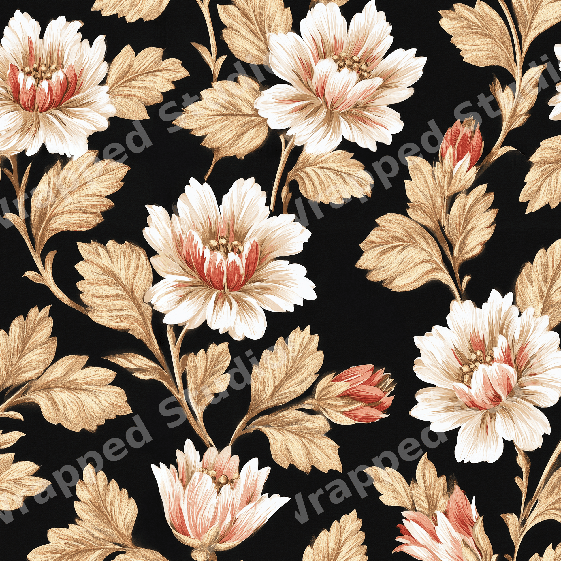 Elegant vintage botanical floral pattern with cream flowers and gold leaves on a black background.