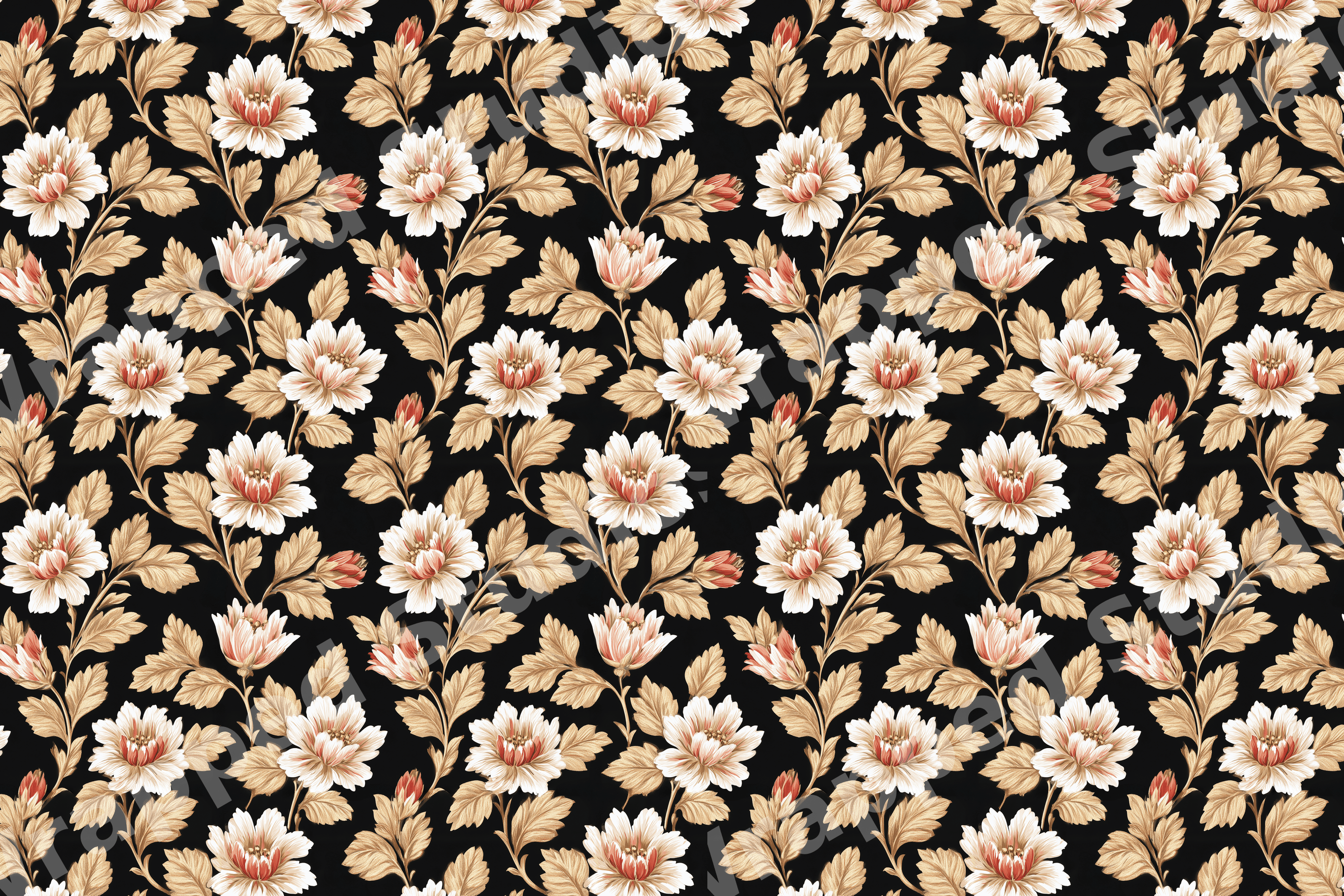 Vintage botanical design featuring cream floral pattern with beige leaves on a black background.
