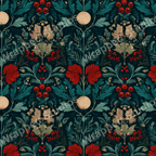 Vintage botanical pattern with red flowers, green leaves, and berries on a dark teal background.