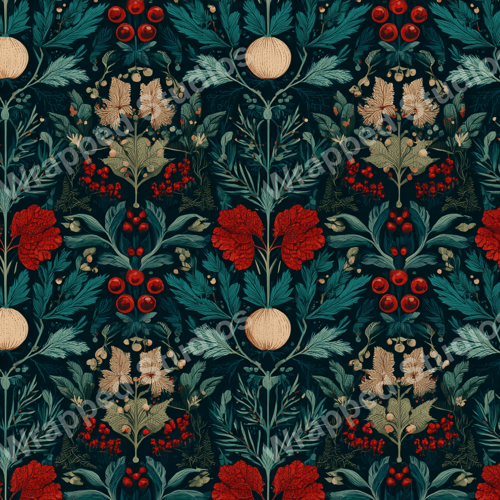 Vintage botanical pattern with red flowers, green leaves, and berries on a dark teal background.