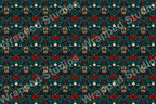 Dark academia aesthetic floral pattern with deep red, emerald green, and gold botanical motifs on a navy blue background.