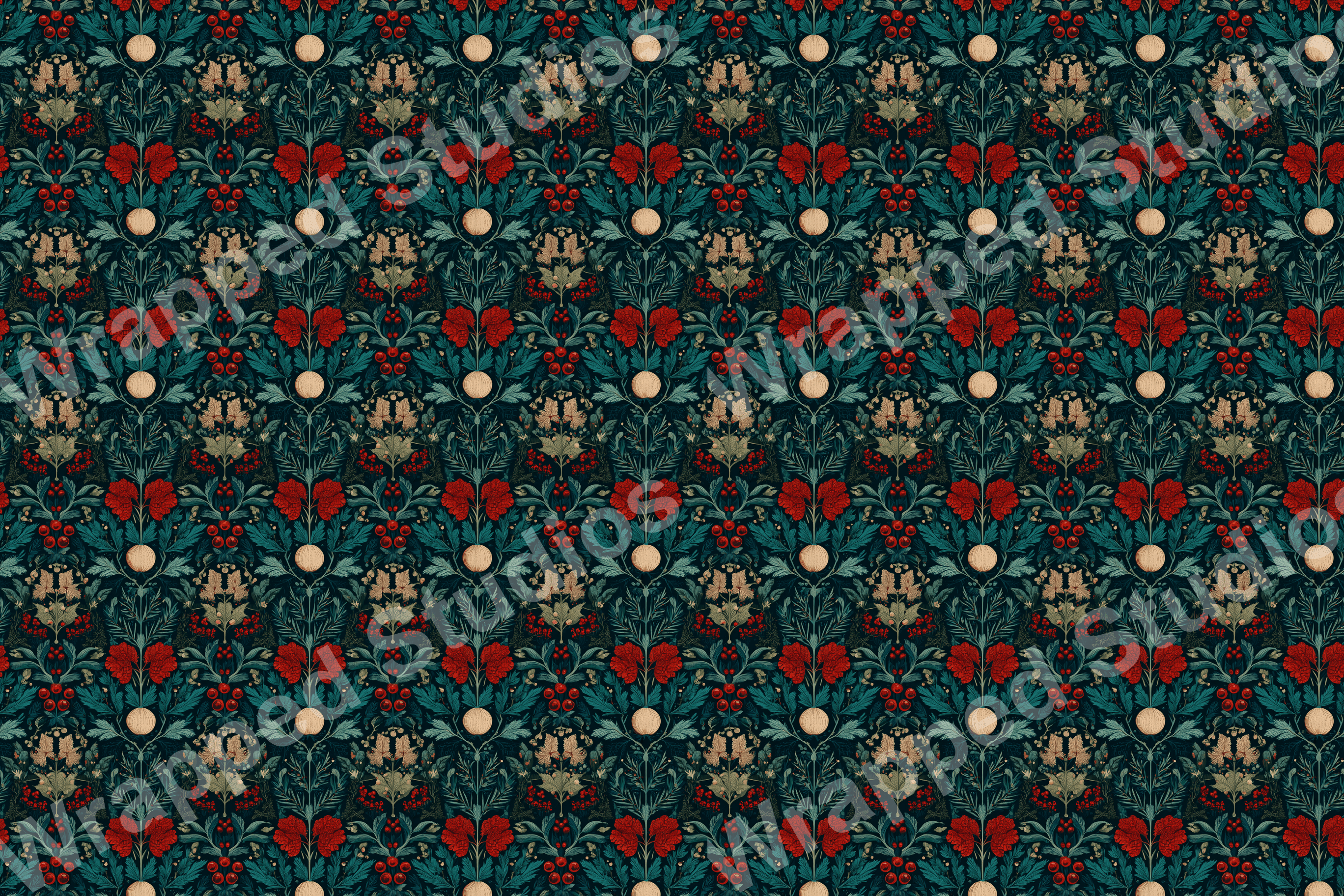 Dark academia aesthetic floral pattern with deep red, emerald green, and gold botanical motifs on a navy blue background.
