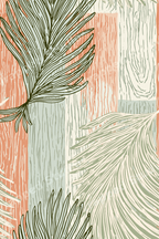 Boho botanical pattern with green palm leaves on a textured terracotta and cream wood grain background.