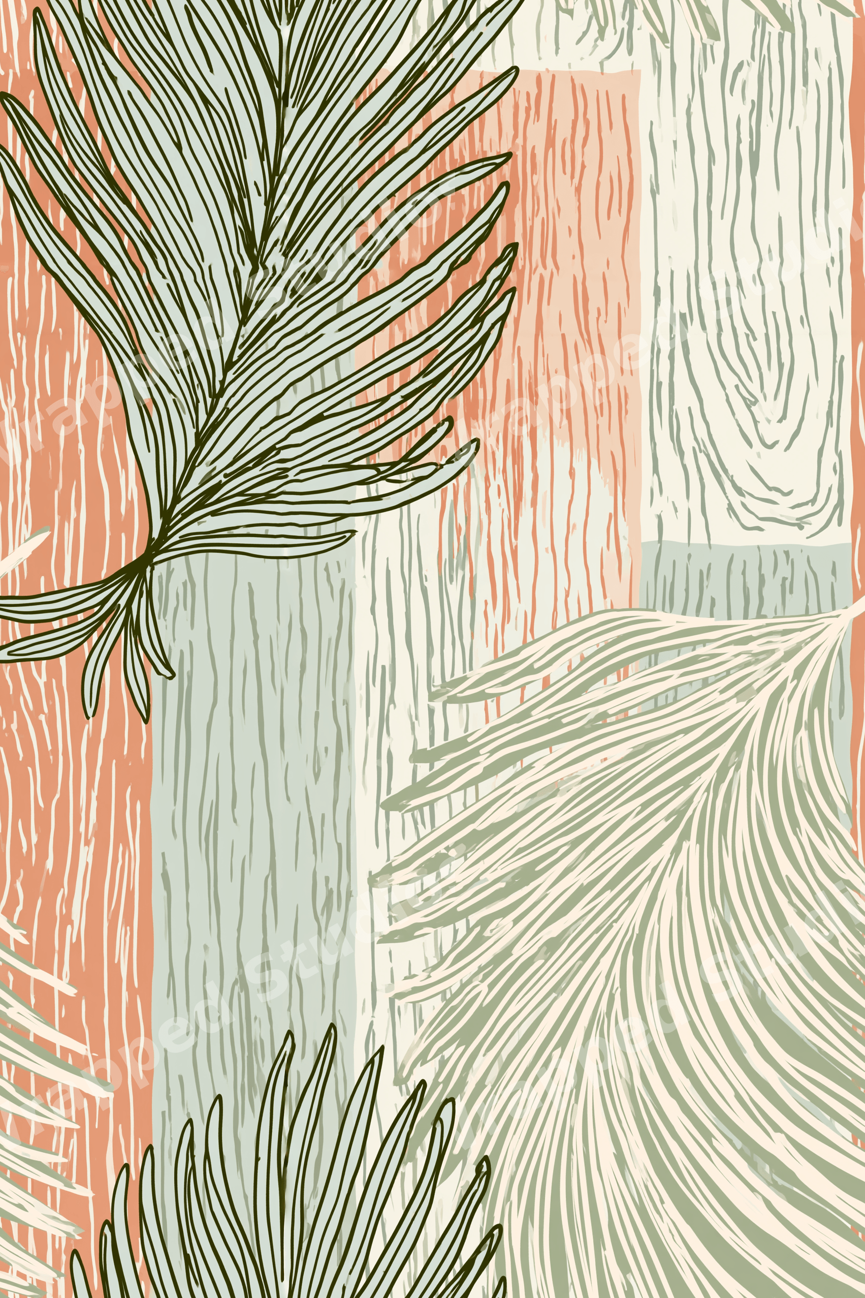 Boho botanical pattern with green palm leaves on a textured terracotta and cream wood grain background.