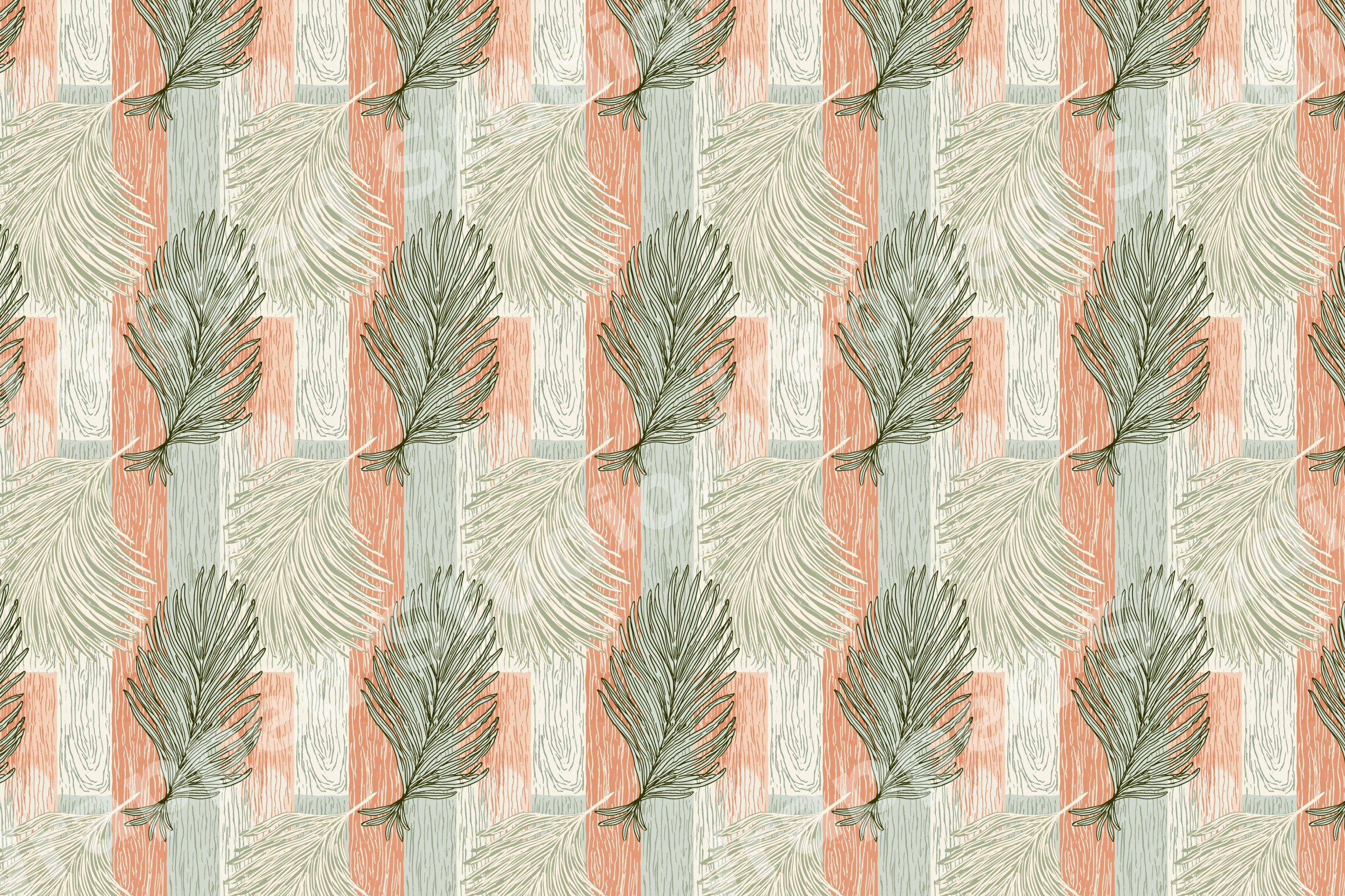 Boho feather pattern with sage green and peach textured stripes in a vintage botanical design.