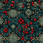 Elegant vintage botanical pattern with red berries, gold ornaments, and dark green leaves.