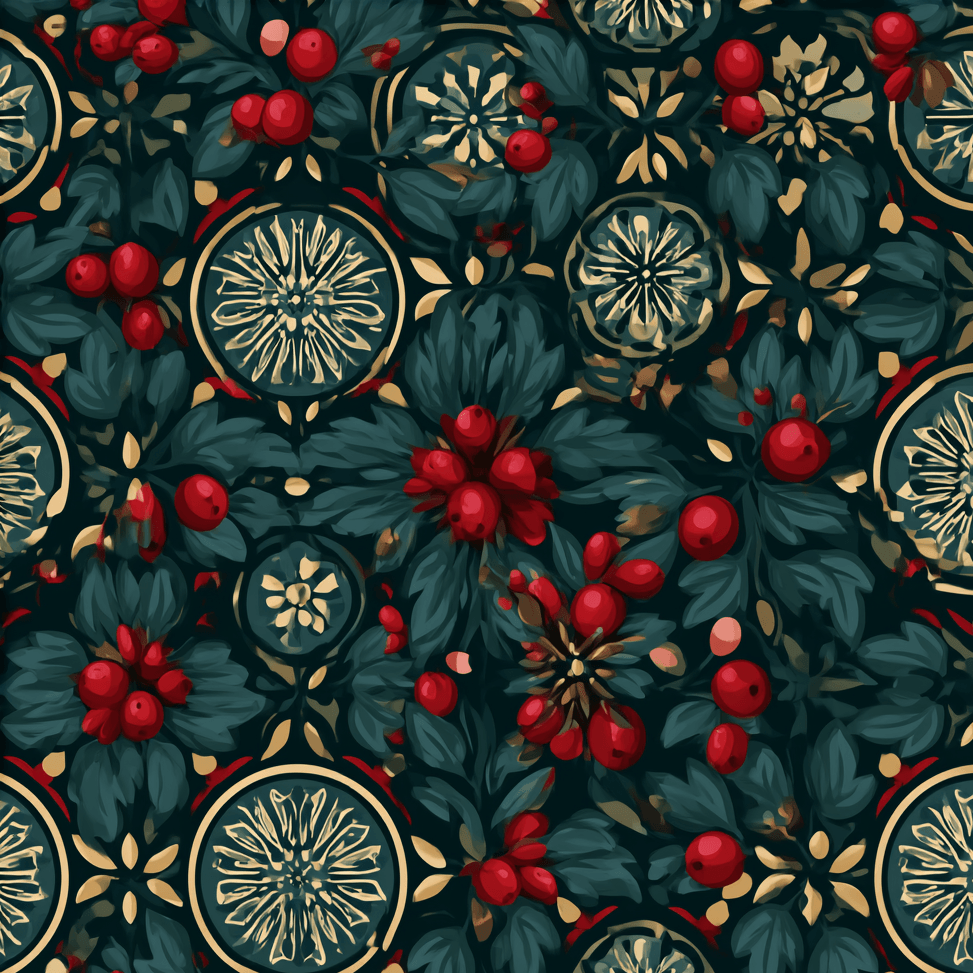 Elegant vintage botanical pattern with red berries, gold ornaments, and dark green leaves.