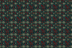 Vintage botanical floral pattern with red berries and gold medallions on dark green.