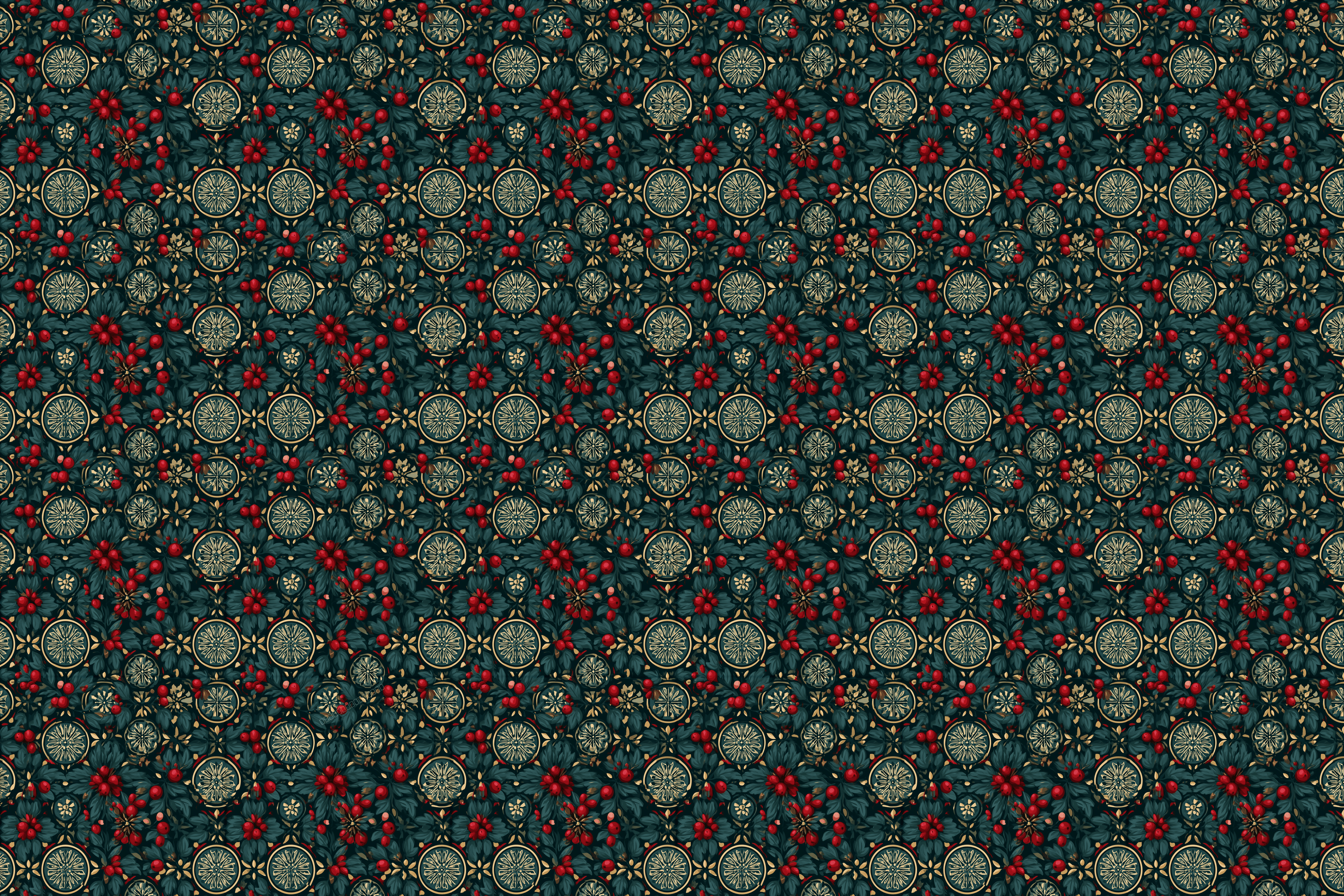 Vintage botanical floral pattern with red berries and gold medallions on dark green.