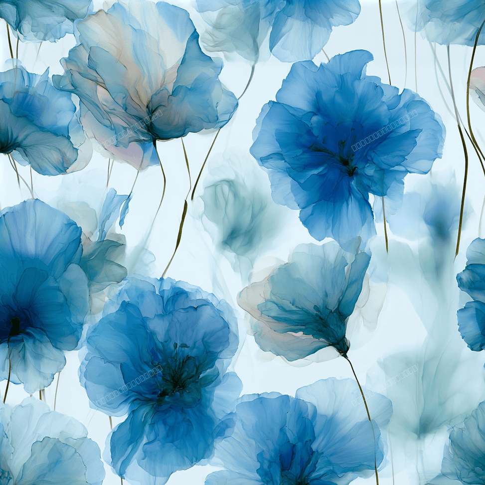 Elegant seamless blue floral pattern with delicate watercolor poppy flowers in a soft botanical design.