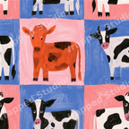 Playful cow pattern featuring whimsical hand-painted cows in a pink and blue checkerboard grid.